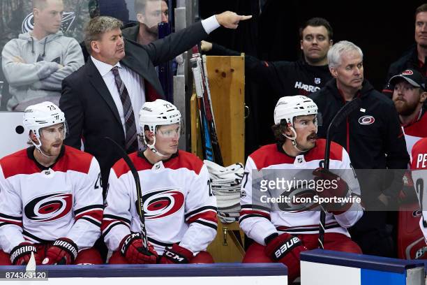 Carolina Hurricanes head coach Bill Peters points during a game between the Columbus Blue Jackets and the Caroling Hurricanes on November 10 at...