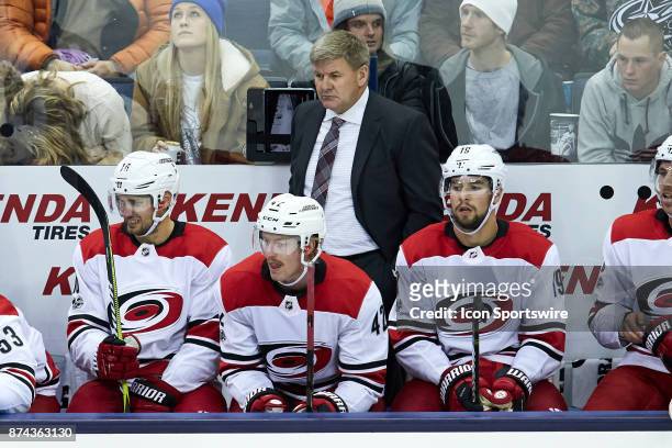 Carolina Hurricanes head coach Bill Peters looks on during a game between the Columbus Blue Jackets and the Caroling Hurricanes on November 10 at...