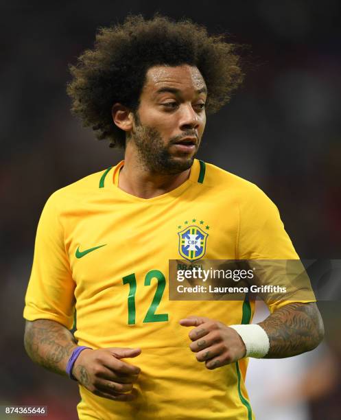 Marcelo of Brazil looks on during the International Friendly match between England and Brazil at Wembley Stadium on November 14, 2017 in London,...