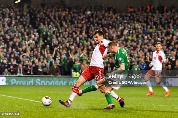 Andreas Bjelland during the FIFA World Cup 2018 qualification Play off football match between Republic of Ireland and Denmark at the Aviva Stadium in...