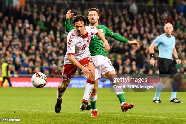 Thomas Delaney and Wes Hoolahan during the FIFA World Cup 2018 qualification Play off football match between Republic of Ireland and Denmark at the...
