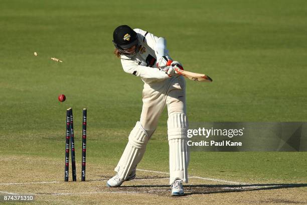 David Moody of Western Australia is bowled by Joe Mennie of South Australia during day three of the Sheffield Shield match between Western Australia...