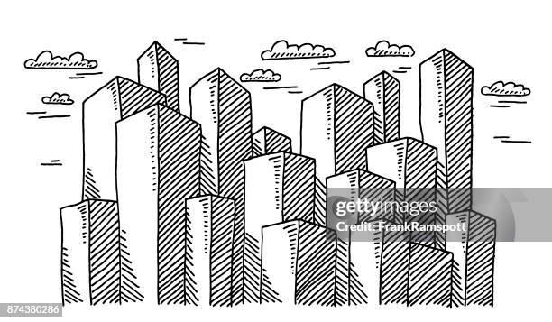 ilustraciones, imágenes clip art, dibujos animados e iconos de stock de dibujo de edificios rascacielos - diseño de contorno