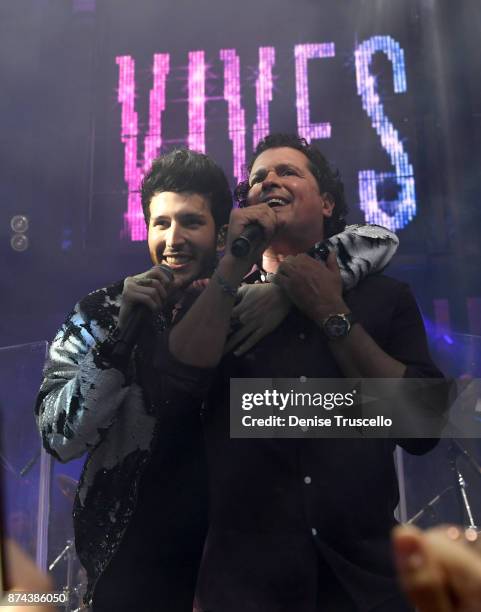 Sebatian Yatra and Carlos Vives at Spotify Celebrates Latin Music and Their Viva Latino Playlist at Marquee Nightclub on November 14, 2017 in Las...