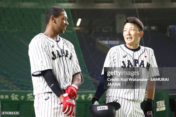 Louis Okoye of Japan looks on during the Eneos Asia Professional Baseball Championship Official Training & Press Conference at Tokyo Dome on November...