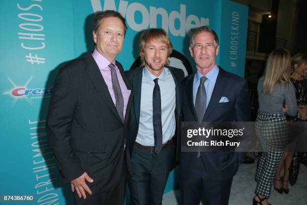 Producer David Hoberman, Owen Wilson and Lionsgate CEO Jon Feltheimer attend the premiere of Lionsgate's "Wonder" at Regency Village Theatre on...