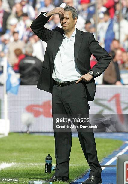 Head coach Lucien Favre of Berlin is seen during the Bundesliga match between Hertha BSC Berlin and FC Schalke 04 at Olympic stadium on May 16, 2009...