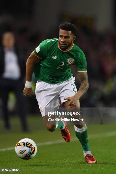 Cyrus Christie of Ireland in action during the FIFA 2018 World Cup Qualifier Play-Off: Second Leg between Republic of Ireland and Denmark at Aviva...