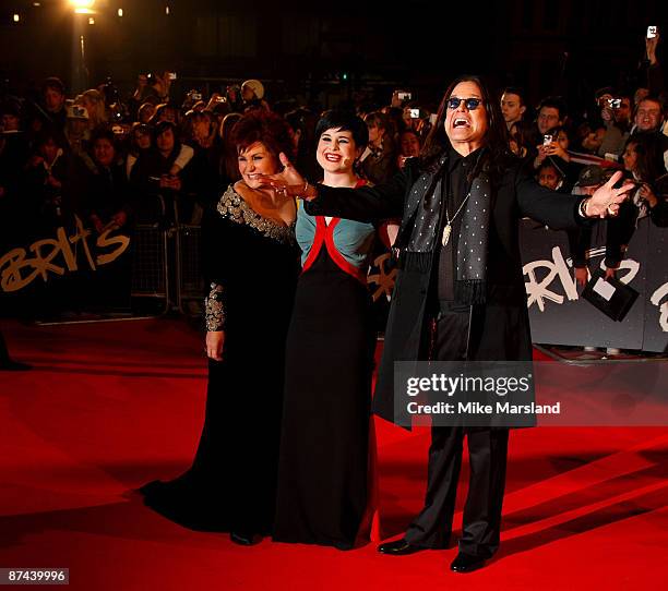 Sharon Osbourne, Ozzy Osbourne and Kelly Osbourne arrive at the 2008 Brit Awards held at Earls Court on February 20, 2008 in London, England.