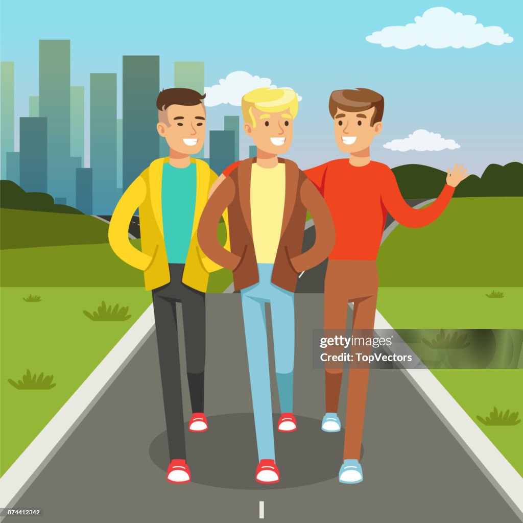 Three Male Friends Talking And Smiling While Walking On City Street  Friendship Concept Vector Illustration High-Res Vector Graphic - Getty  Images