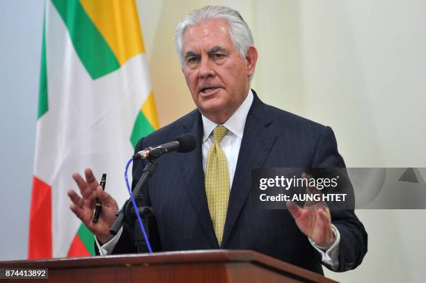 Secretary of State Rex Tillerson talks to the media during a press conference after he met with Myanmar's State Counselor Aung San Suu Kyi at...