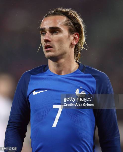 Antoine Griezmann of France reacts during the international friendly match between Germany and France at RheinEnergieStadion on November 14, 2017 in...