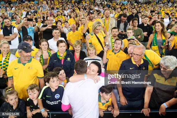 Mathew Ryan of Australia celebrates victory with fans during the 2018 FIFA World Cup Qualifiers Leg 2 match between the Australian Socceroos and...