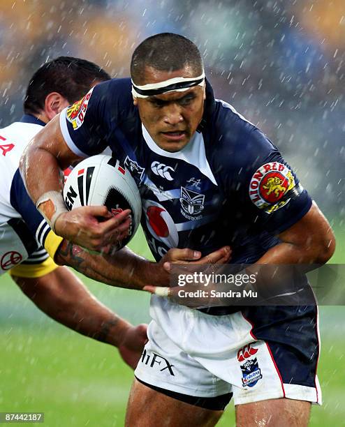 Jerome Ropati of the Warriors in action during the round 10 NRL match between the Warriors and the North Queensland Cowboys at Mt Smart Stadium on...