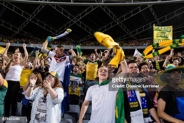Socceroo fans celebrate after the teams win at the 2018 FIFA World Cup Qualifiers Leg 2 match between the Australian Socceroos and Honduras at ANZ...