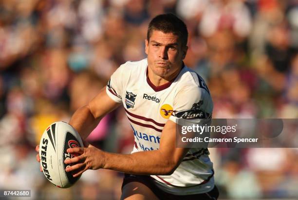 Matt Ballin of the Sea Eagles runs the ball during the round 10 NRL match between the Manly Warringah Sea Eagles and the Parramatta Eels at Brookvale...