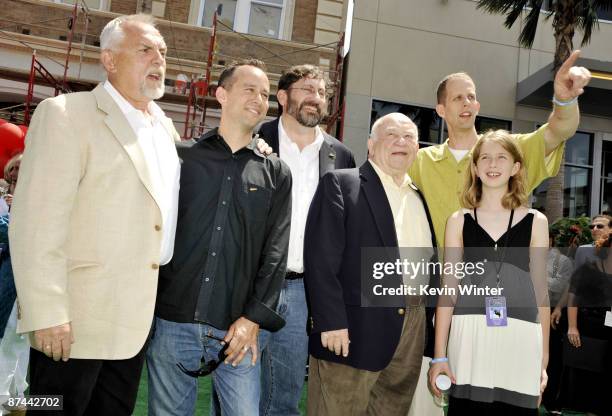 Actor John Ratzenberger, producer Jonas Rivera, actors Bob Peterson, Ed Asner, director Pete Docter and actress Elizabeth Docter pose at the premiere...