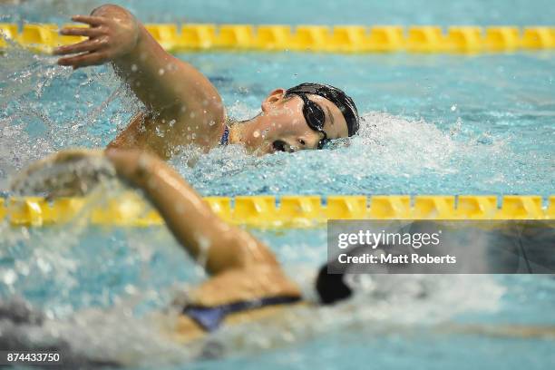 Chihiro Igarashi of Japan competes in the Women's 400m Freestyle Final during day two of the FINA Swimming World Cup at Tokyo Tatsumi International...