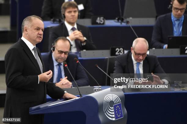 Slovak President Andrej Kiska adresses deputies at the European Parliament in Strasbourg, eastern France, on November 15, 2017.