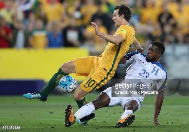 Robbie Kruse of Australia is fouled by Johnny Palacios of Honduras for a penalty during the 2018 FIFA World Cup Qualifiers Leg 2 match between the...