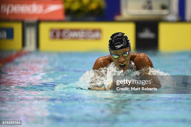 Alia Atkinson of Jamaica competes in the Women's 100m Breaststroke Final during day two of the FINA Swimming World Cup at Tokyo Tatsumi International...