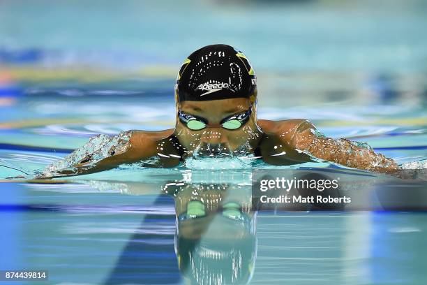 Alia Atkinson of Jamaica competes in the Women's 100m Breaststroke Final during day two of the FINA Swimming World Cup at Tokyo Tatsumi International...