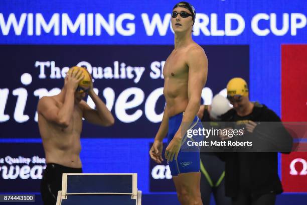 Cameron McEvoy of Australia competes in the Mixed 4x50m Freestyle Final during day two of the FINA Swimming World Cup at Tokyo Tatsumi International...