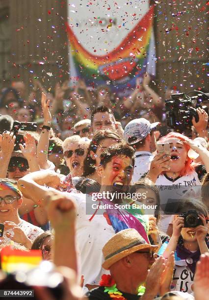 People in the crowd celebrate as the result is announced during the Official Melbourne Postal Survey Result Announcement at the State Library of...