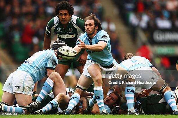 Julien Dupuy of the Leicester Tigers releases the ball from a scrum during the Guiness Premiership Final between Leicester Tigers and London Irish at...