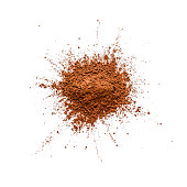 Cocoa powder heap shot from above on white bachground