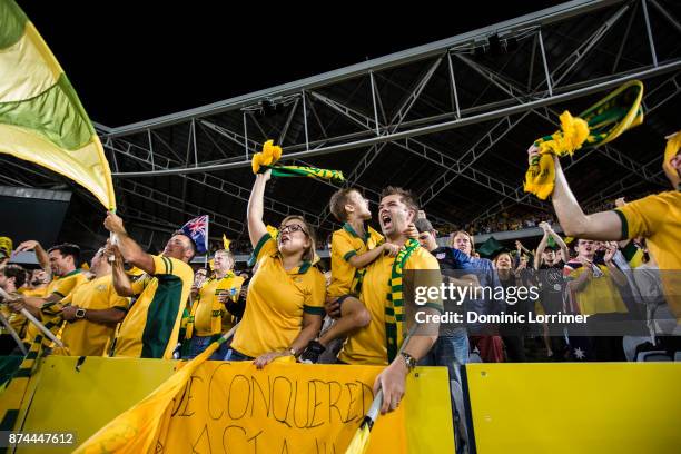 Socceroo fans celebrate after the teams win at the 2018 FIFA World Cup Qualifiers Leg 2 match between the Australian Socceroos and Honduras at ANZ...