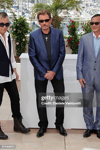 Actor Anthony Wong, actor and singer Johnny Hallyday and director Johnnie To attend the Vengeance Photo Call at the Palais des Festivals during the...