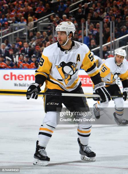 Kris Letang of the Pittsburgh Penguins skates during the game against the Edmonton Oilers on November 1, 2017 at Rogers Place in Edmonton, Alberta,...