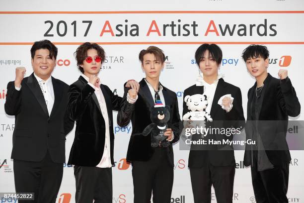 Shindong, Kim Hee-Chul , Donghae, Yesung and Eunhyuk of South Korean boy band Super Junior attend the 2017 Asia Artist Awards on November 15, 2017 in...