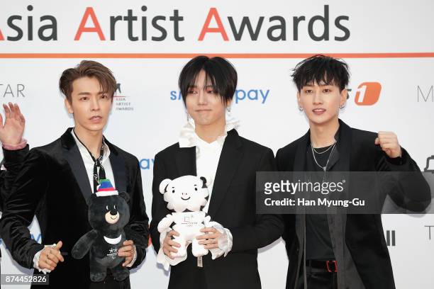 Donghae, Yesung and Eunhyuk of South Korean boy band Super Junior attend the 2017 Asia Artist Awards on November 15, 2017 in Seoul, South Korea.