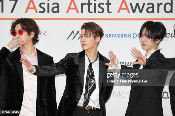 Kim Hee-Chul , Donghae and Yesung of South Korean boy band Super Junior attend the 2017 Asia Artist Awards on November 15, 2017 in Seoul, South Korea.