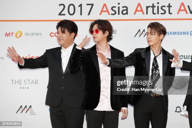 Shindong, Kim Hee-Chul and Donghae of South Korean boy band Super Junior attend the 2017 Asia Artist Awards on November 15, 2017 in Seoul, South...