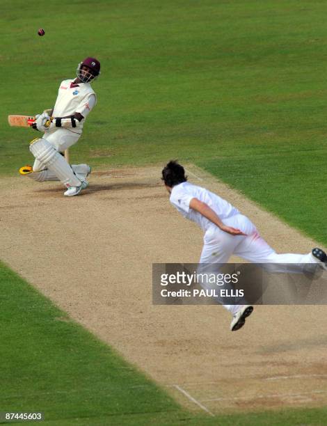 England bowler James Anderson bowls a bouncer to West Indies batsman Fidel Edwards during the fourth day of the second NPower Cricket Test against...