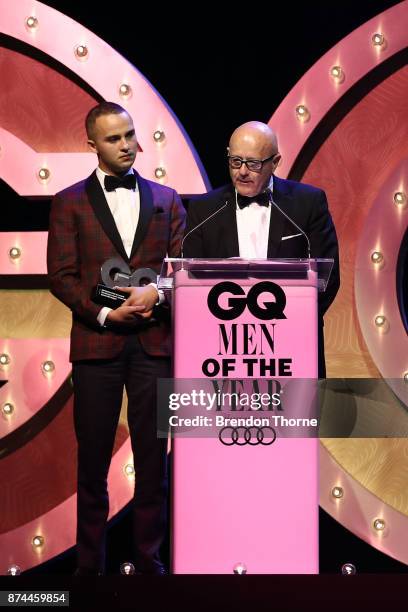 Mojean Aria and Kim Ledger accepts the GQ Legacy Award during the GQ Men Of The Year Awards Ceremony at The Star on November 15, 2017 in Sydney,...