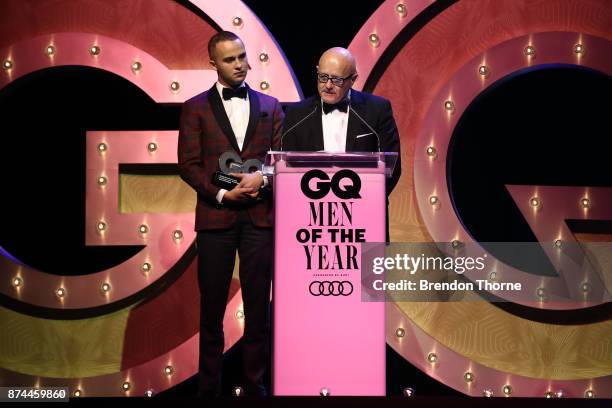 Mojean Aria and Kim Ledger accepts the GQ Legacy Award during the GQ Men Of The Year Awards Ceremony at The Star on November 15, 2017 in Sydney,...