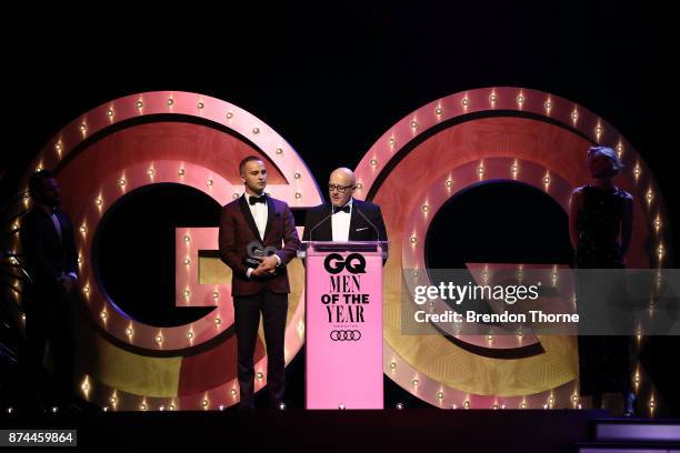 Mojean Aria and Kim Ledger accepts the GQ Legacy Award during the GQ Men Of The Year Awards Ceremony at The Star on November 15, 2017 in Sydney,...