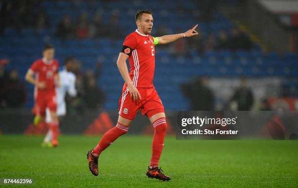 Wales player Chris Gunter in action during the International Friendly match between Wales and Panama at Cardiff City Stadium on November 14, 2017 in...