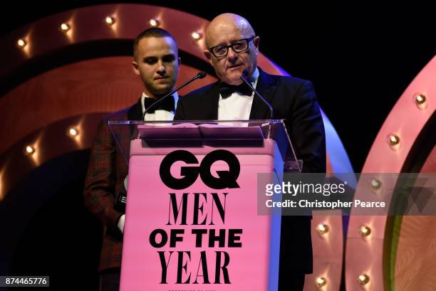 Mojean Aria and Kim Ledger accepts the GQ Legacy Award during the GQ Men Of The Year Awards Ceremony at The Star on November 15, 2017 in Sydney,...
