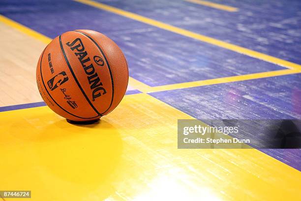 Detailed picture of the Spalding basketball during a break in the game between the Los Angeles Lakers and the Houston Rockets in Game Five of the...