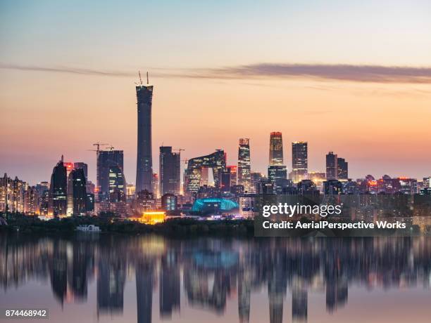 high angle view of beijing skyline at dusk - beijing stock pictures, royalty-free photos & images
