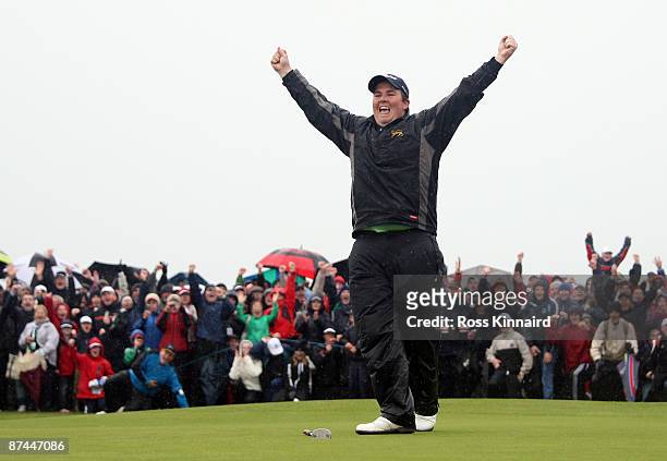 Shane Lowry of Ireland celebrates after winning on the third play-off hole during the final round of The 3 Irish Open at County Louth Golf Club on...