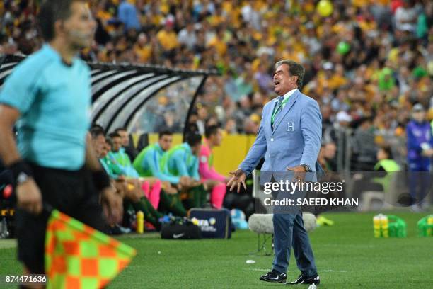 Honduras' head coach Jorge Luis Pinto reacts during the 2018 World Cup qualification play-off football match between Australia and Honduras at...