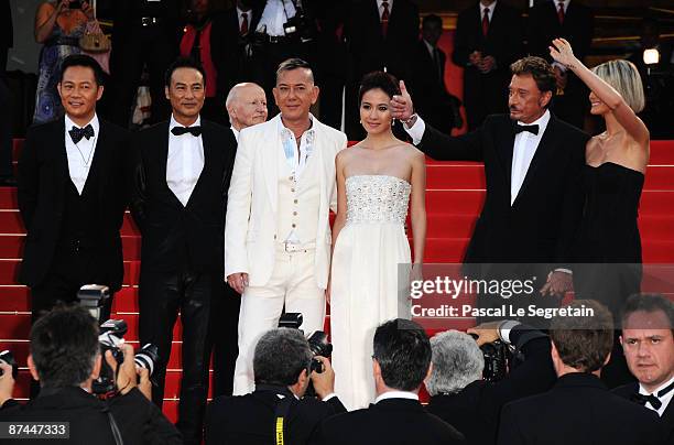 Actors Siu-Fai Cheung, Simon Yam, Anthony Wong, actress Michelle Ye, musician Johnny Hallyday and Laetitia Hallyday attend the Vengeance Premiere at...