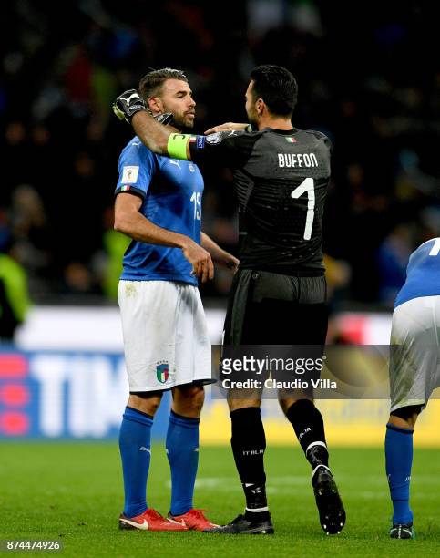 Gianluigi Buffon and Andrea Barzagli of Italy dejected at the end of the FIFA 2018 World Cup Qualifier Play-Off: Second Leg between Italy and Sweden...