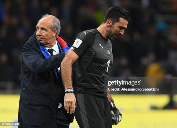 Head coach Gian Piero Ventura of Italy embraces Gianluigi Buffon of Italy after the FIFA 2018 World Cup Qualifier Play-Off: Second Leg between Italy...